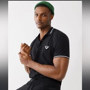 Men’s TRUE RELIGION Striped Logo Polo T Shirt Size Small Black and White